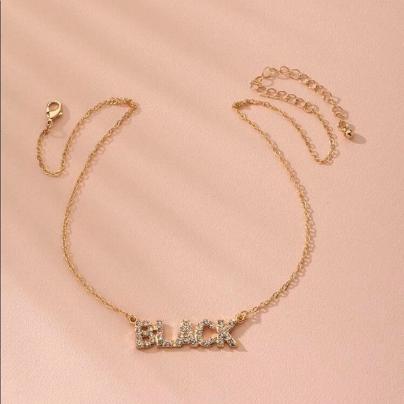 “Black” Word Rhinestone Gold Necklace - Picture 4 of 12